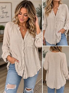 Aerie Beige Gauze Button Front Shirt | Size L | Boho Oversized